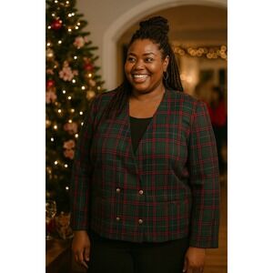 Tan Jay Womens Blazer Plaid Double Breasted Wool Blend 22W Red‎ Green Holiday